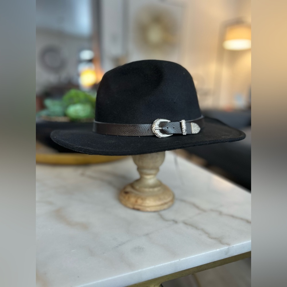 Wide Brim Wool Felt Fedora Hat with Belt Buckle Western Hat